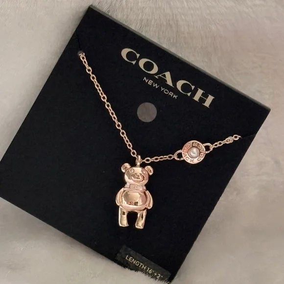 Coach 3D Teddy Bear Charm Necklace in Rose Gold and Gold - Picture 4 of 8